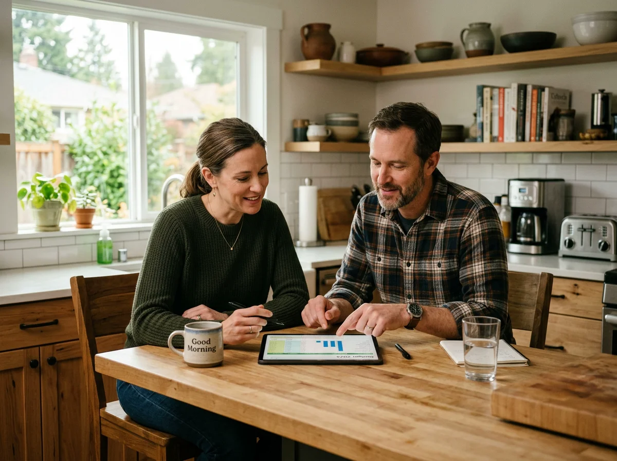 American couple reviewing Three Sticks Lending installment loan options on a digital tablet at home